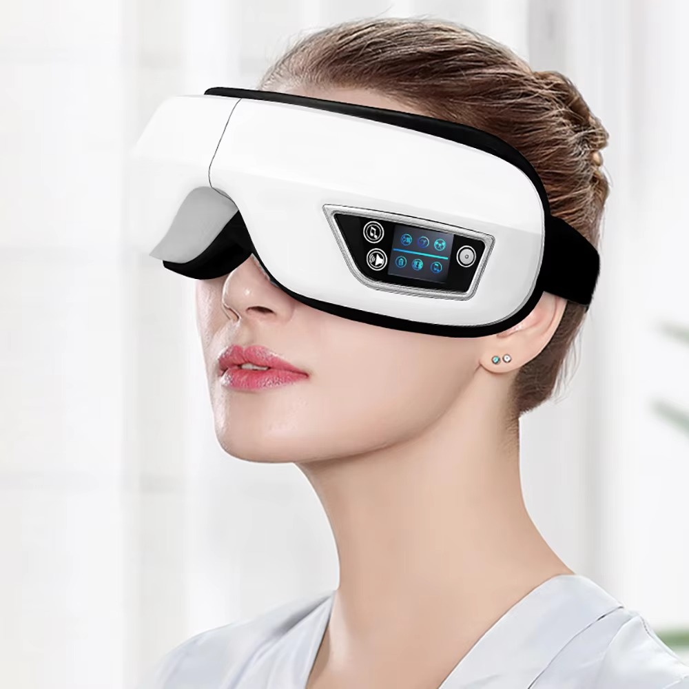 Woman wearing the 6D Smart Bluetooth Music Eye Massager Vibration Airbag Compress Eye Care Instrument Eye Massage Glasses Eye Relax Fatigue Pouch